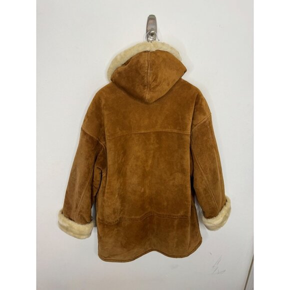 Gallery Tan Leather Faux Shearling Hooded Coat Women's L Oversized Toggle Style - Picture 6 of 9